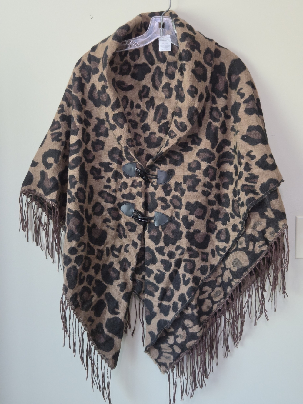 Leopard Print Fringe Toggle Poncho Shawl Brown/Black One Size